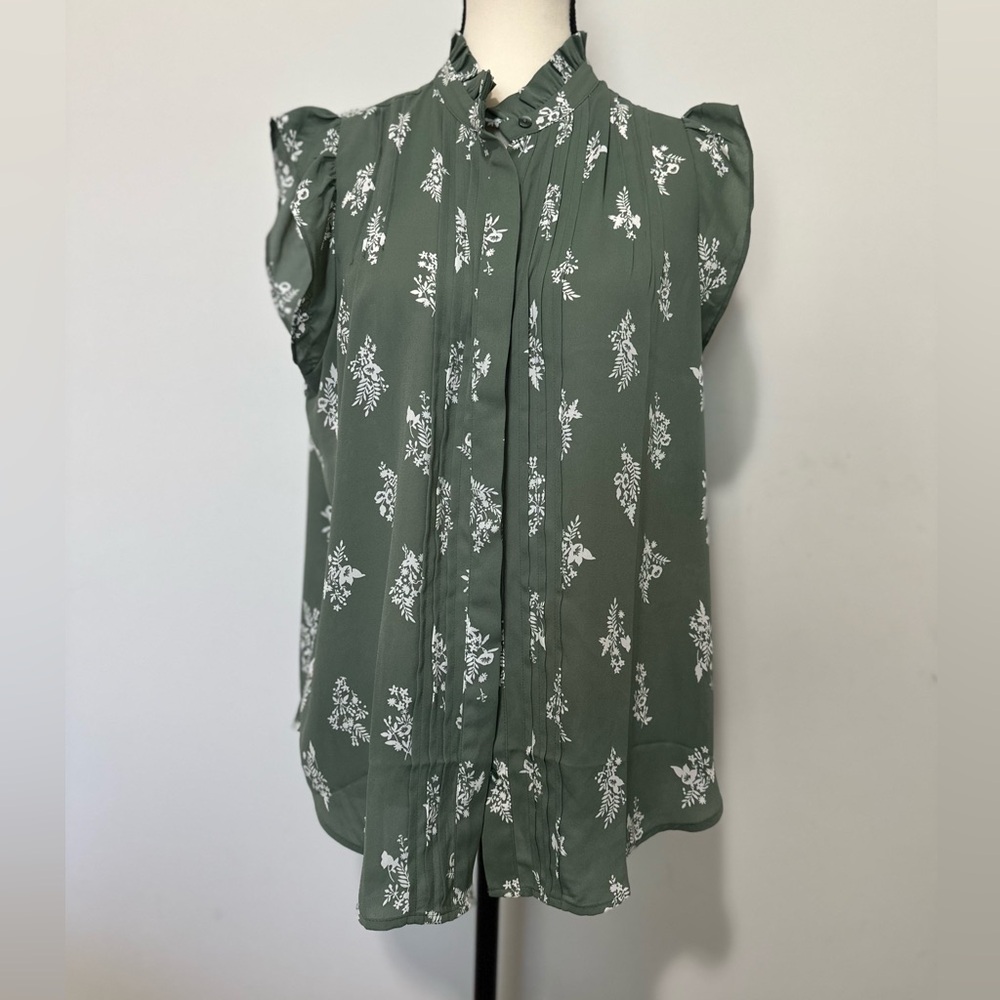Ann Taylor Factory Olive and White Patterned Blouse